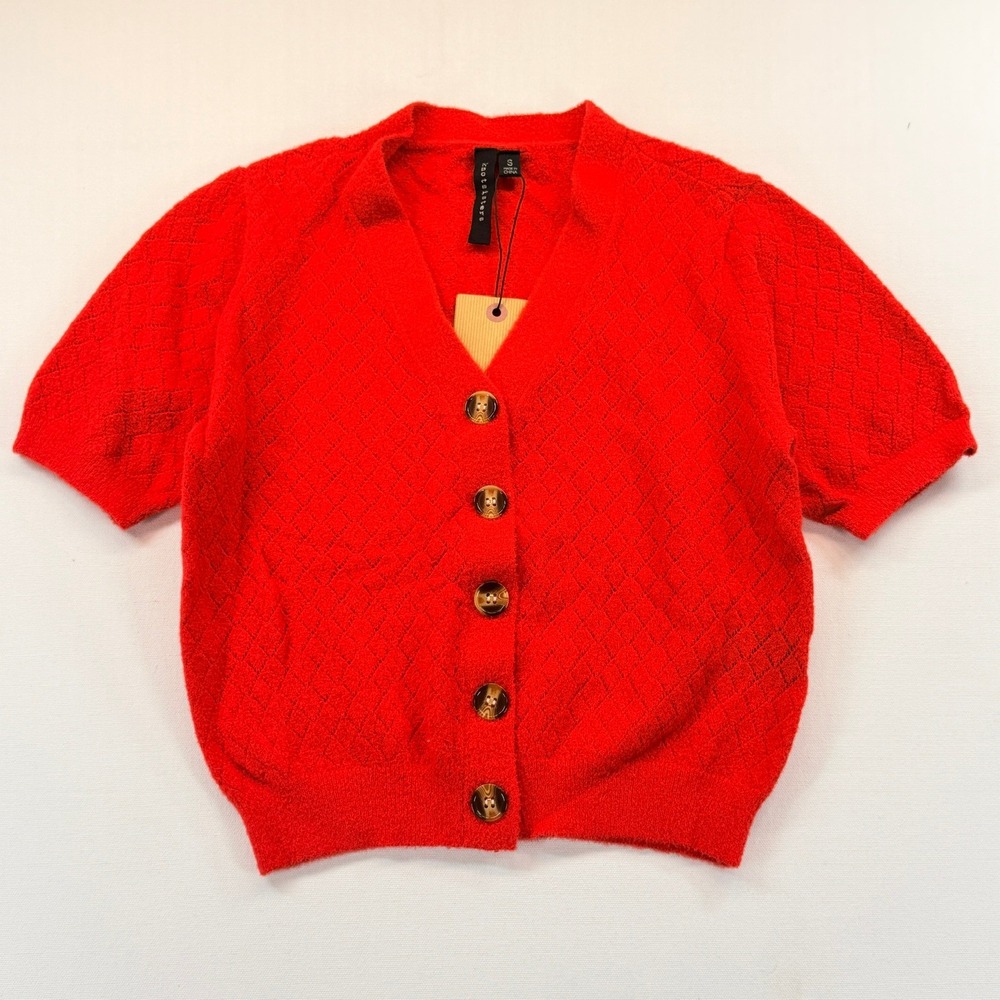 NEW Knot Sisters Anthropologie Red Pointelle Cardigan Sweater Size Small